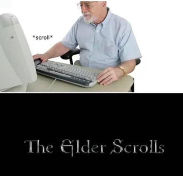 Elderly man scrolling a computer next to text saying “The Elder Scrolls”