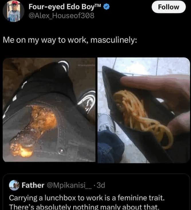 Classic meme collage mocking “masculine” lunch hacks—chicken in a pocket and spaghetti in a wallet instead of a lunchbox