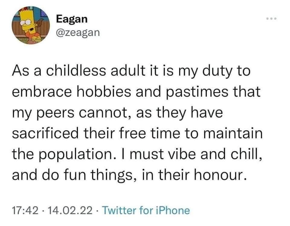 Classic meme screenshot of a viral tweet about childless adults embracing hobbies and fun to honor friends raising kids.