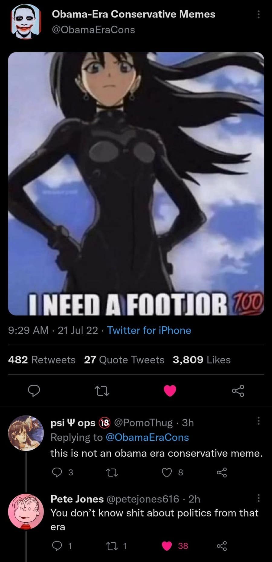 Classic meme screenshot: anime pic with a suggestive caption and replies debating if it’s an Obama-era conservative meme.
