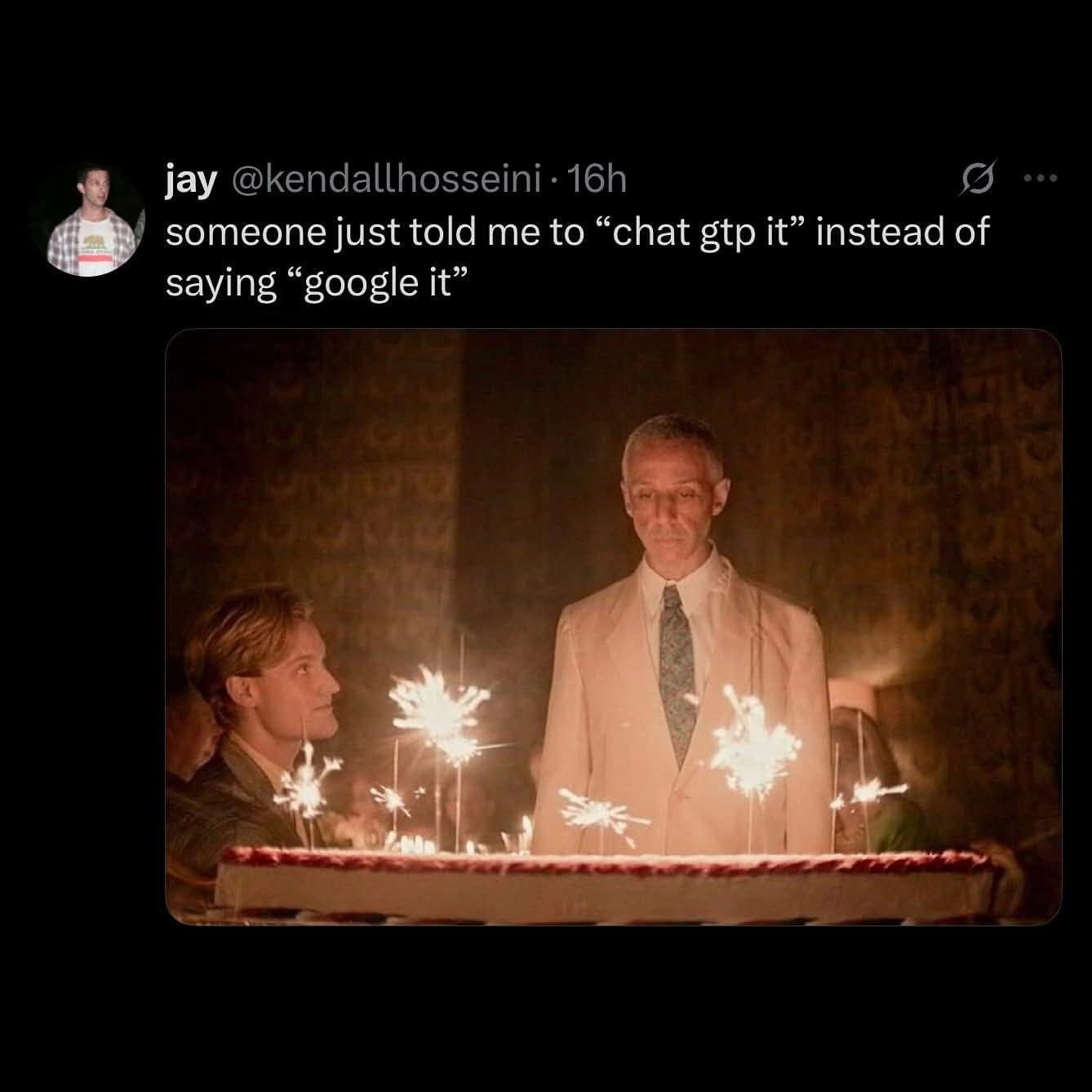 Viral tweet joking “chat gtp it” with solemn birthday cake scene lit by sparklers.