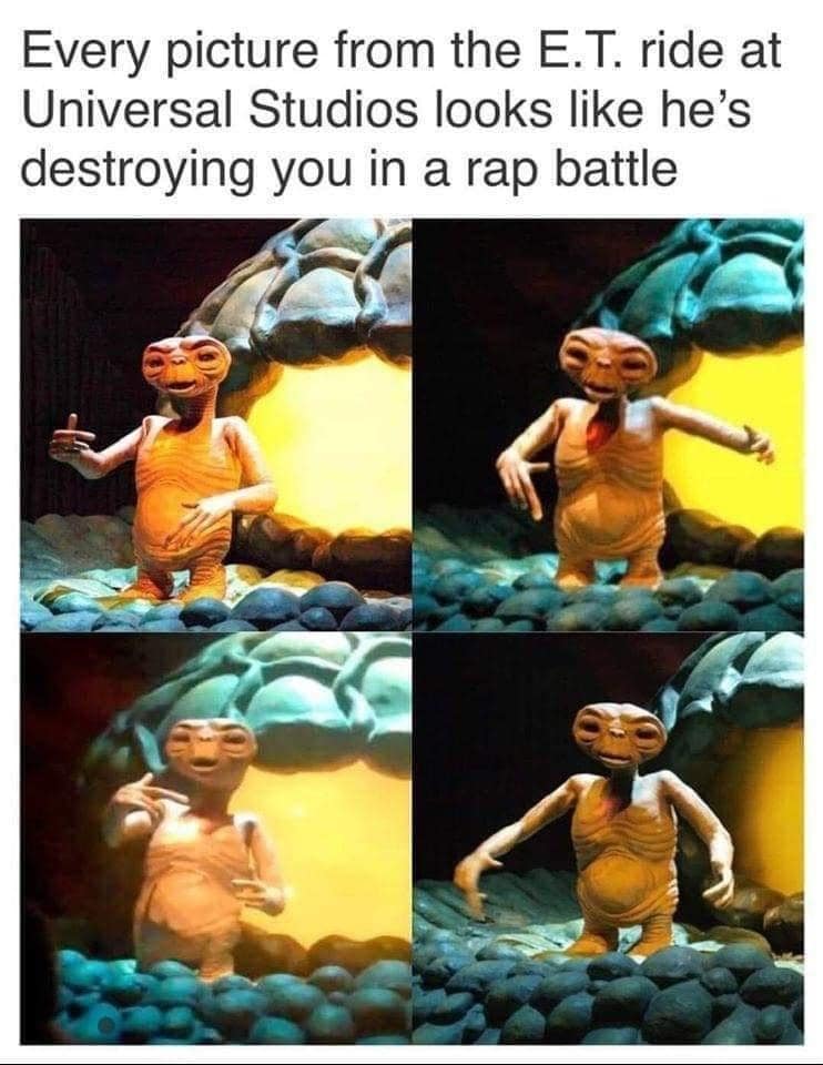 Four photos of E.T. on a ride at Universal Studios looking like he's rapping.