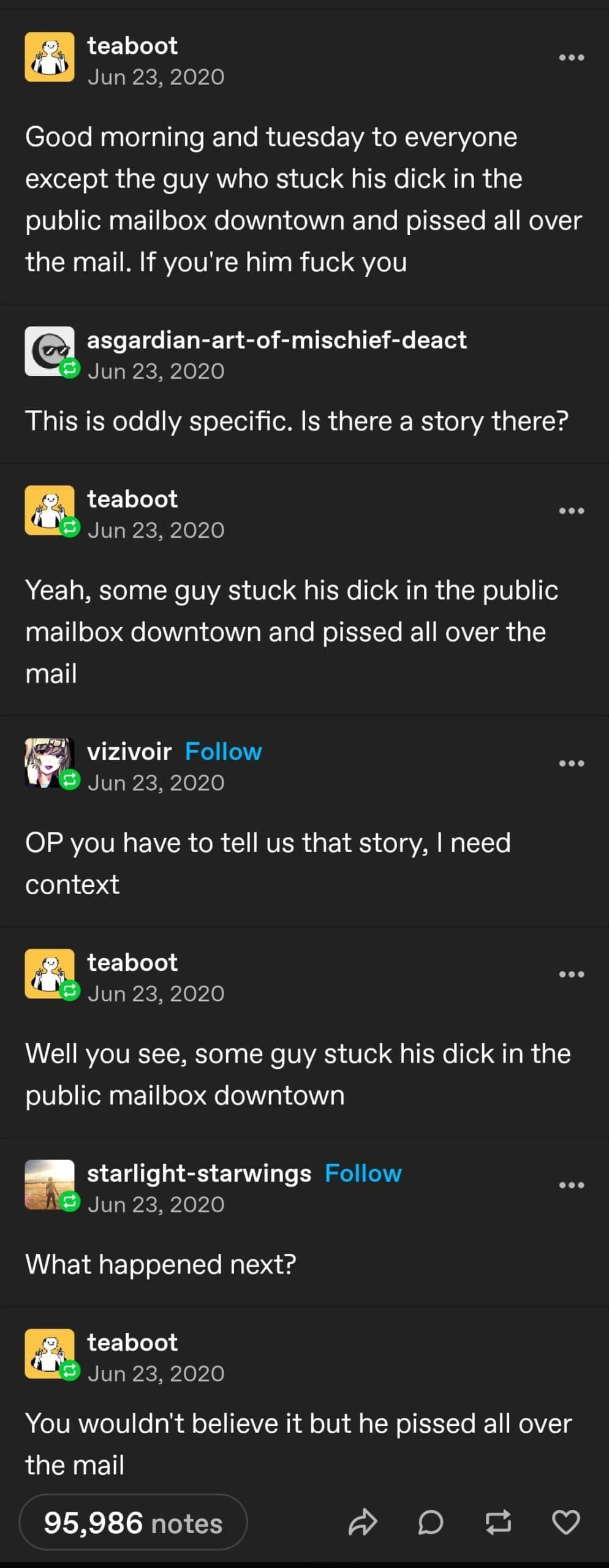 Tumblr thread rant about man violating downtown mailbox, repeated replies demanding context and exasperated recap.