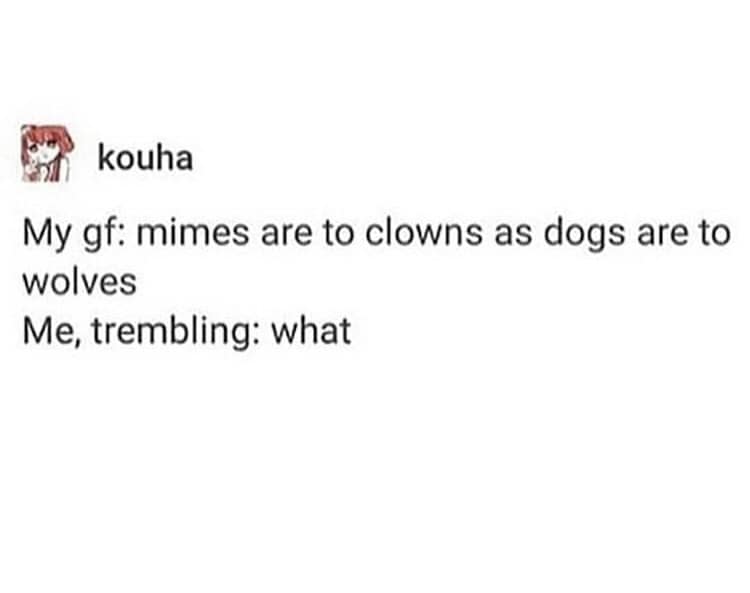 Tweet comparing mimes to clowns like dogs to wolves; the other person is confused.