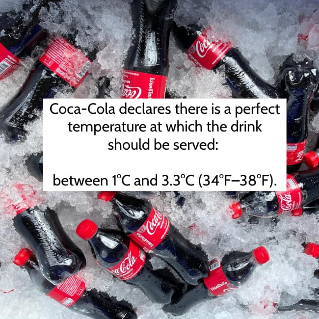A Coca-Cola fact revealing the perfect serving temperature for the iconic soft drink.