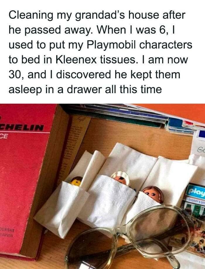 Playmobil figures tucked into tissue “beds” found years later in a drawer—memory-keeping via sweet craft hacks.