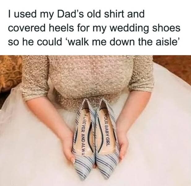 Bride holds heels wrapped in fabric from her late dad’s shirt, a tender DIY tribute born of craft hacks.