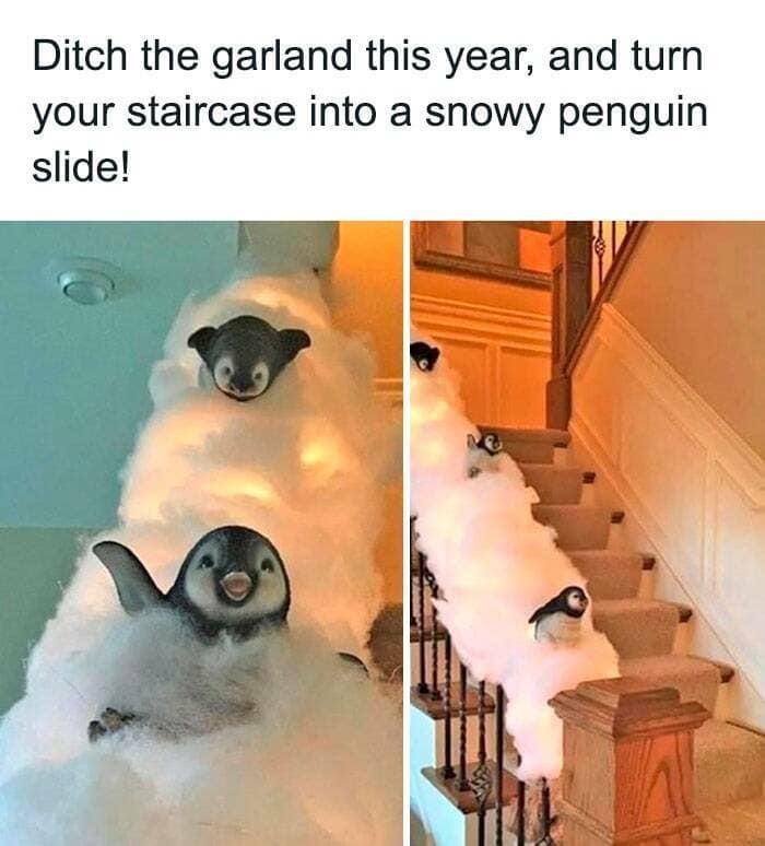 Staircase transformed into a fluffy penguin slide using white stuffing—holiday craft hacks in action.