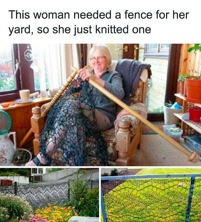 Woman knitting an entire yard fence, an ambitious project that redefines backyard craft hacks.