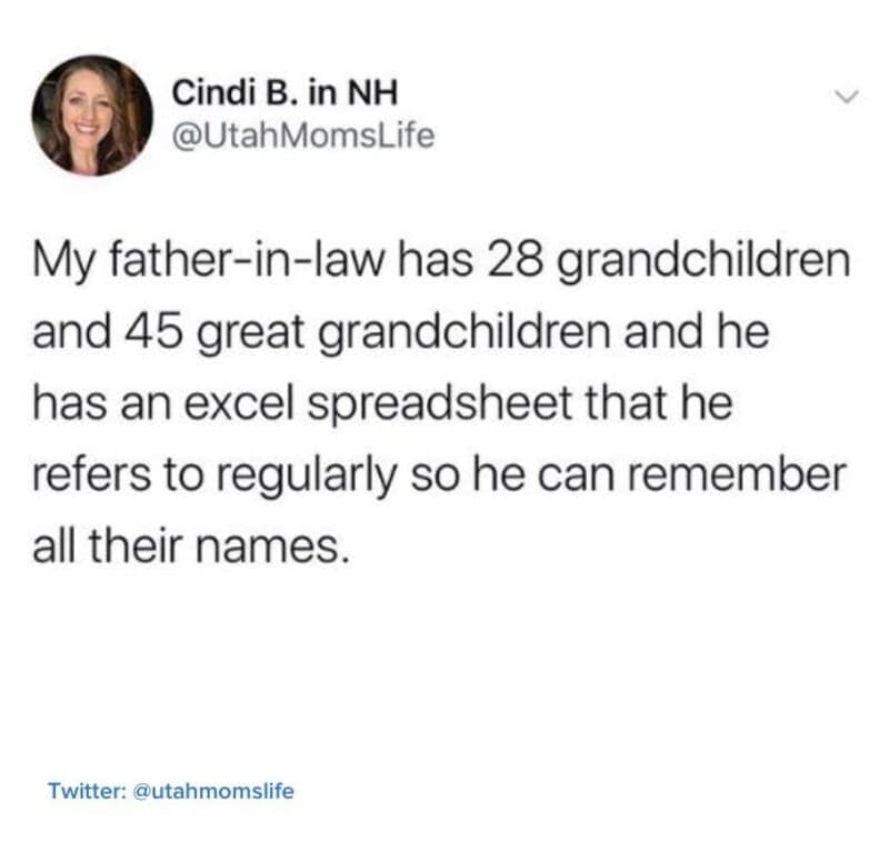 Tweet about a father-in-law with dozens of grandkids using an Excel spreadsheet to remember names.