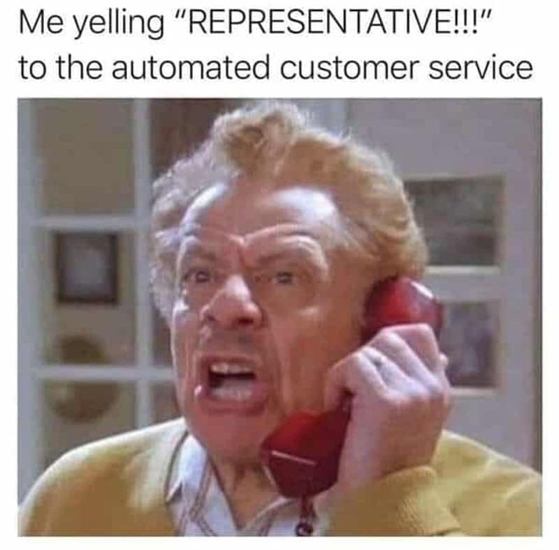 Older man yelling “REPRESENTATIVE!” into a red phone—customer-service frustration dad meme.