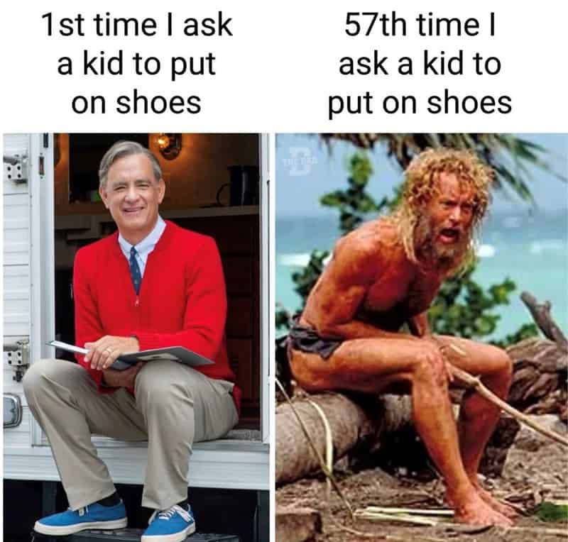 Side-by-side: calm cardigan man vs. wild, scruffy castaway—“first vs. 57th time I ask a kid to put on shoes.”