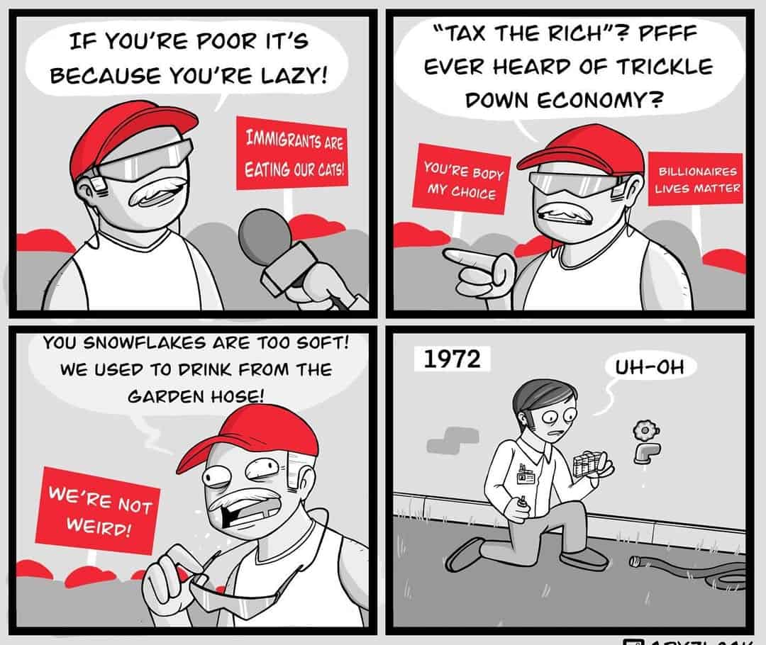 A man rants against the poor, immigrants, and “soft” youth. The final panel reveals in 1972 he accidentally dropped a gear in a hose, implying it poisoned the water.