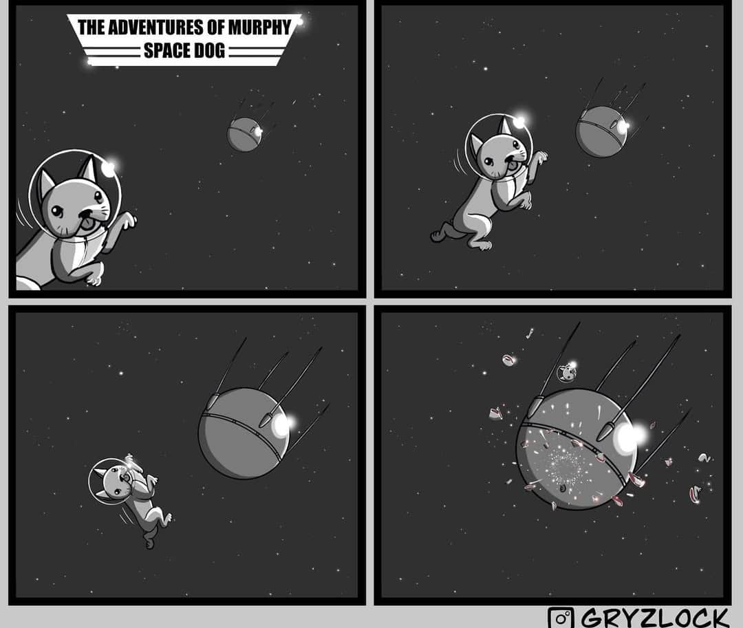 A cartoon dog in a space helmet floats toward a metallic satellite, only for both to crash and explode into debris in space.