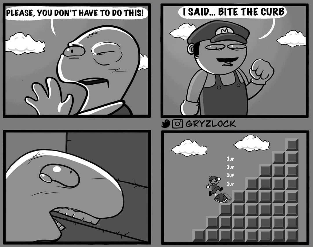 A character pleads for mercy, but a Mario-style figure insists he “bite the curb.” The last panel shows Mario gaining multiple extra lives from a trick jump.