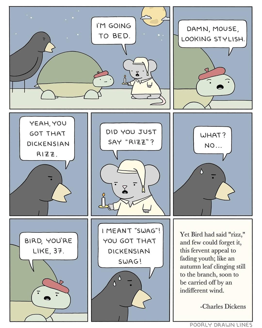 A bird compliments a mouse's bedtime outfit using Gen Z slang, leading to a painfully funny generational clash and a mock Dickens quote.