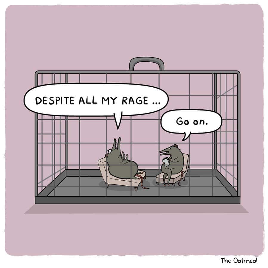 Therapy gag in dark humor comics where a rat on a couch says “Despite all my rage,” while another rat takes notes inside a cage.