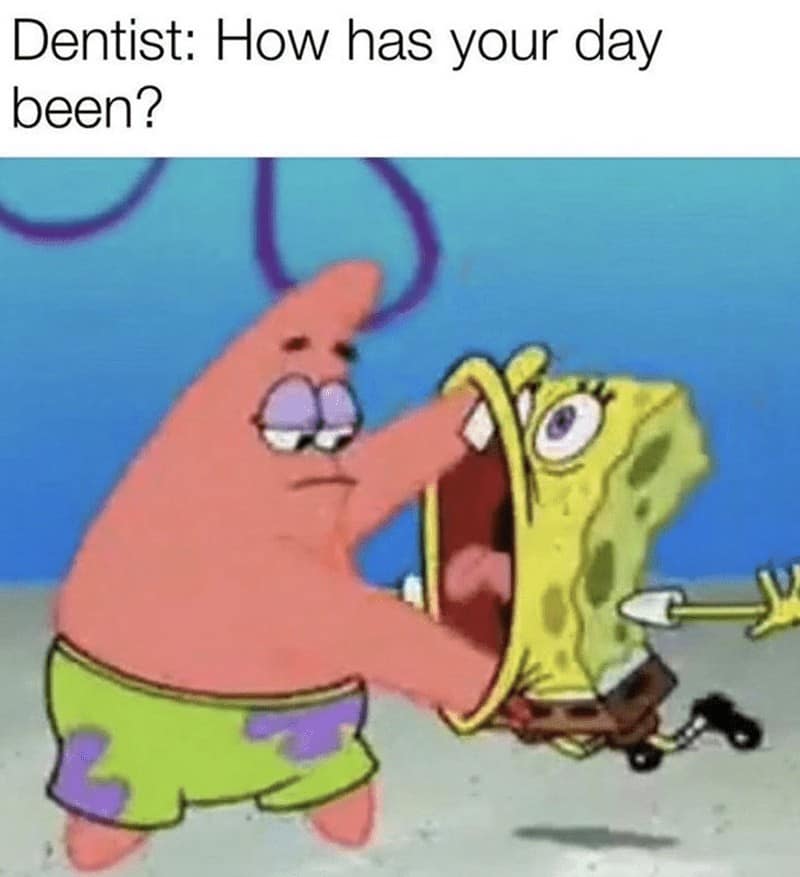 SpongeBob cartoon of Patrick holding SpongeBob’s mouth open during dental check.