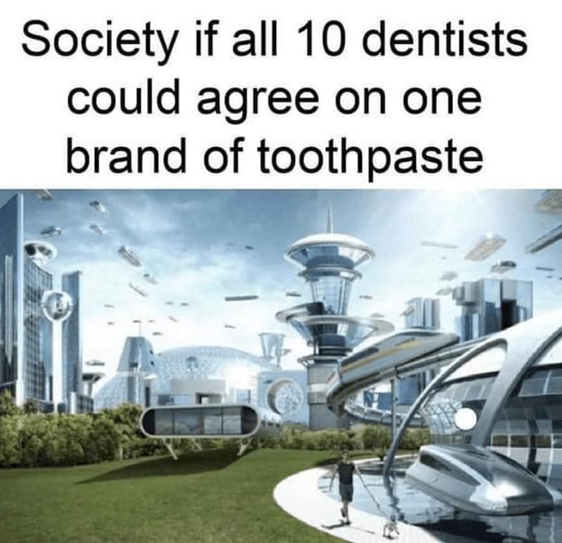 Futuristic city image captioned about dentists agreeing on toothpaste brand.