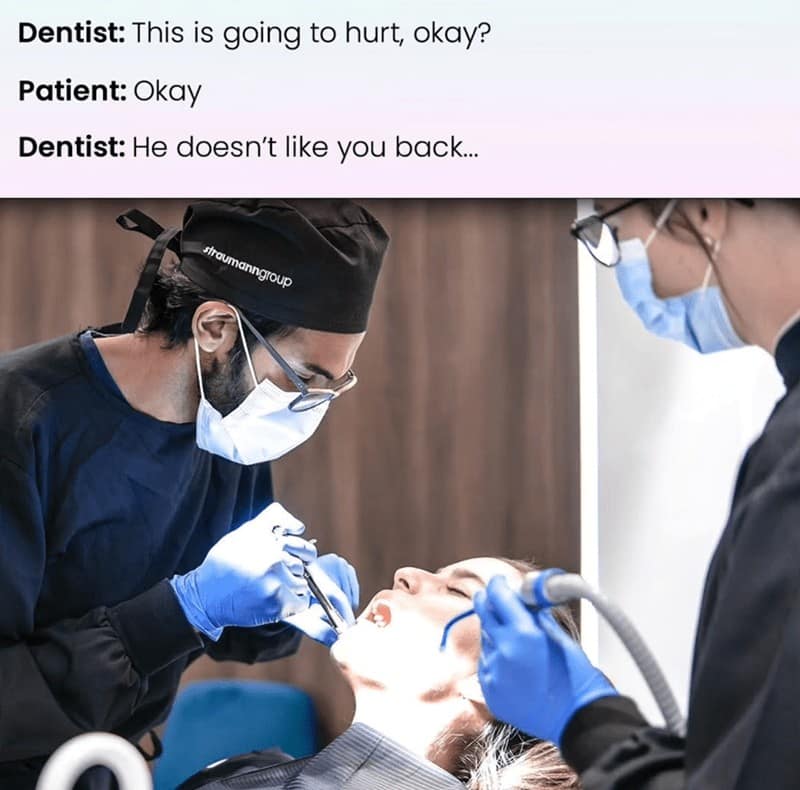 Dentist telling patient bad romantic news instead of dental warning.
