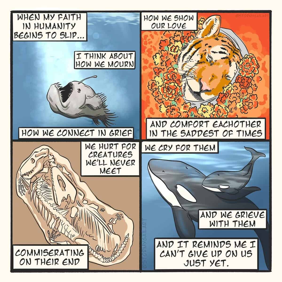 A series of animal illustrations showing mourning, empathy, and shared grief across species.