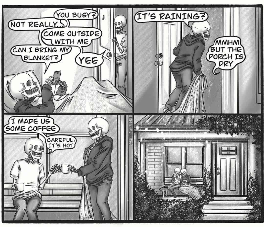 Two skeletons bundle up and sit on the porch with coffee, wrapped in a blanket as it rains.