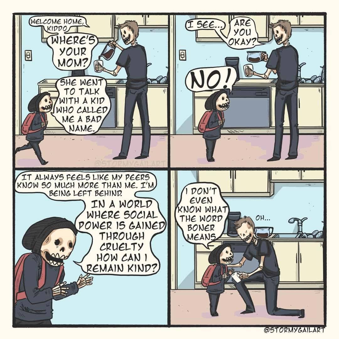 A skeletal child vents to their dad about cruelty and feeling left behind by peers. The final panel includes confusion over the word “boner.”