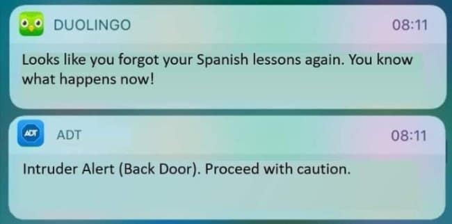 iPhone lock-screen showing two notifications: Duolingo warns “you forgot your Spanish lessons,” and an ADT alert says “Intruder Alert (Back Door).”