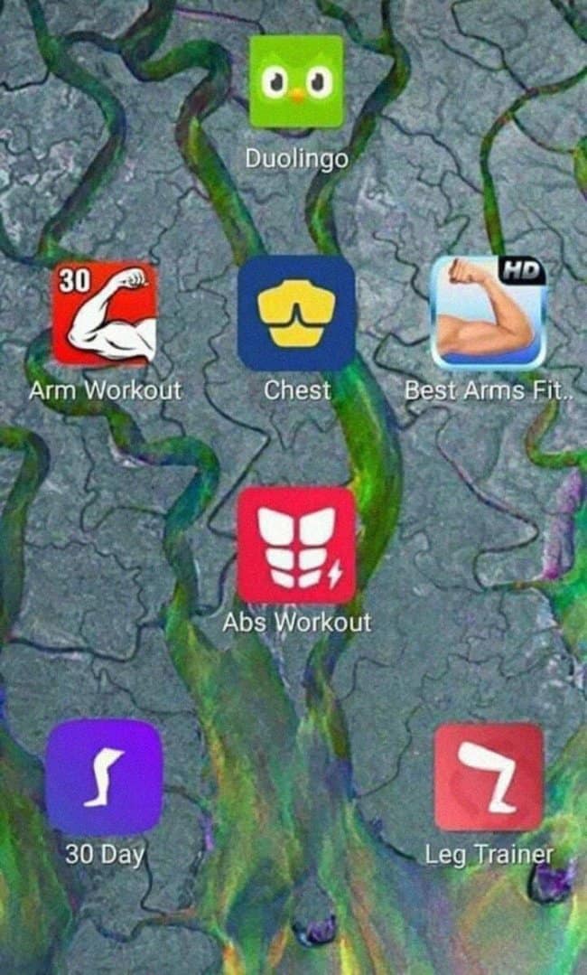 Android home screen with six workout apps (arms, chest, abs, legs) and Duolingo icon at the top center.