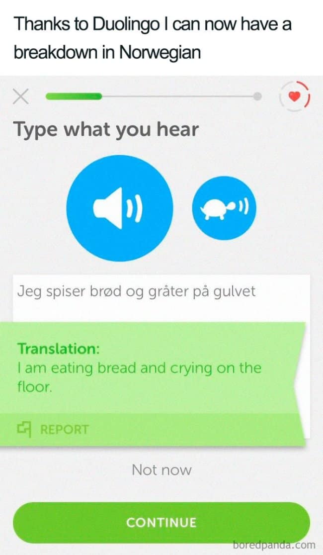 Listening exercise text in Norwegian reads “Jeg spiser brød og gråter på gulvet,” translated as “I am eating bread and crying on the floor.”