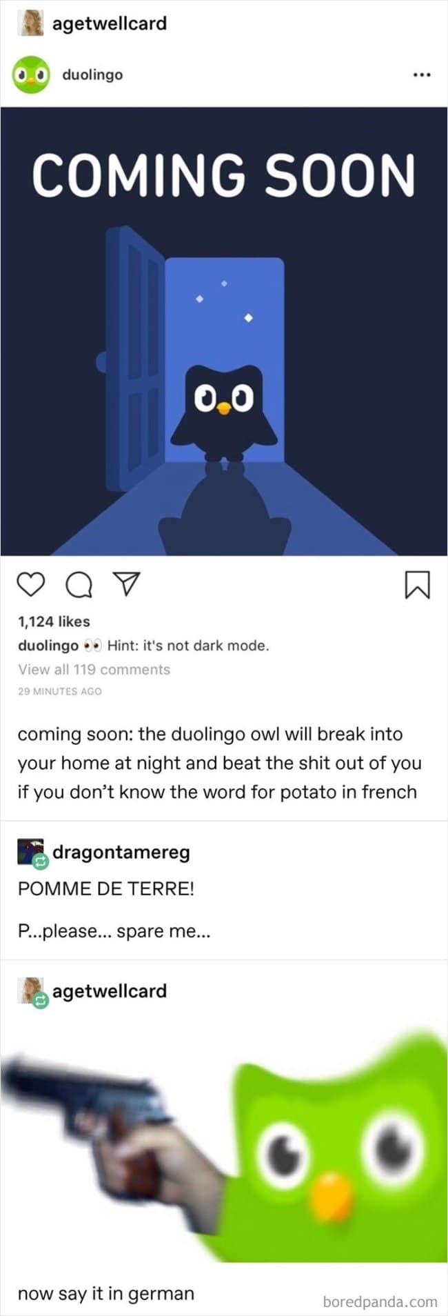 Duolingo teaser “COMING SOON” with the owl in a doorway, followed by comments joking it will break in unless you know “potato” (then a blurred owl and “now say it in German”).