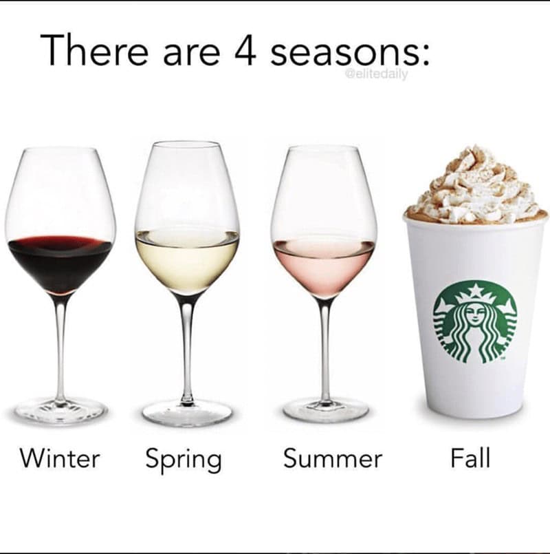 A funny meme showing four seasons represented by wine and a Starbucks latte.