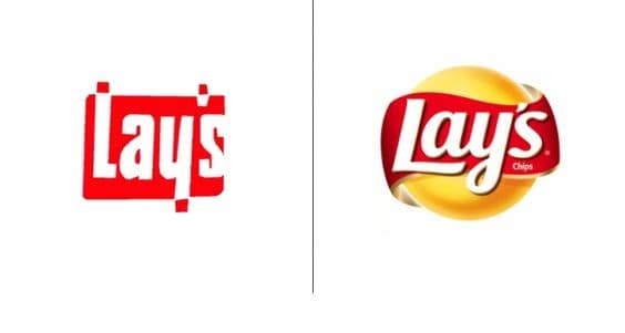 The Lay's potato chips logo change from a simple red box to the modern ribbon.