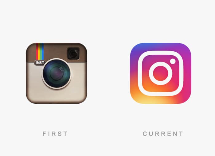 The original retro Instagram camera logo shown next to the current minimalist gradient icon.