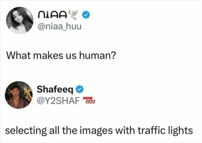 Tweet about humanity and CAPTCHA traffic light test
