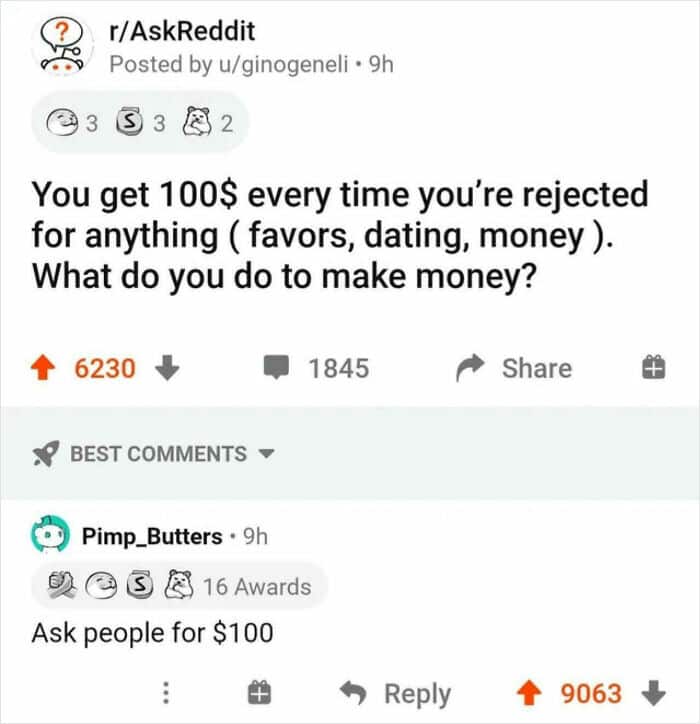 Reddit question about earning money from rejection