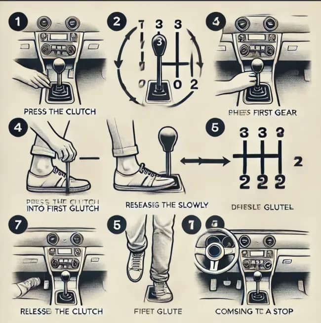 A funny AI image of a completely wrong and confusing diagram on how to drive stick shift.