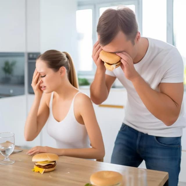A funny AI image of a bizarre stock photo showing a man hiding his face with a burger.