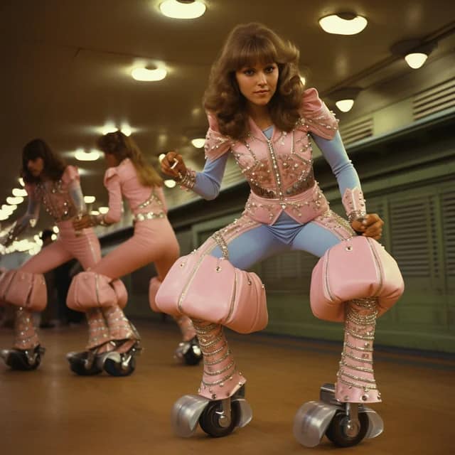 A funny AI image that looks like a fake 1970s sci-fi movie with bizarre roller skates.