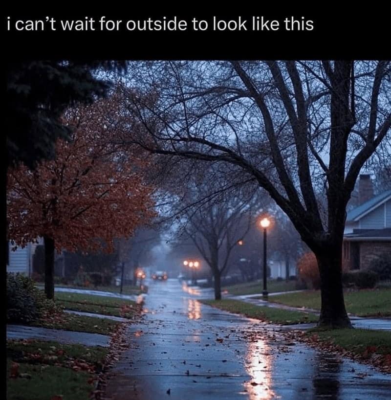 A cozy autumn meme showing a person's desire for moody and rainy fall weather.