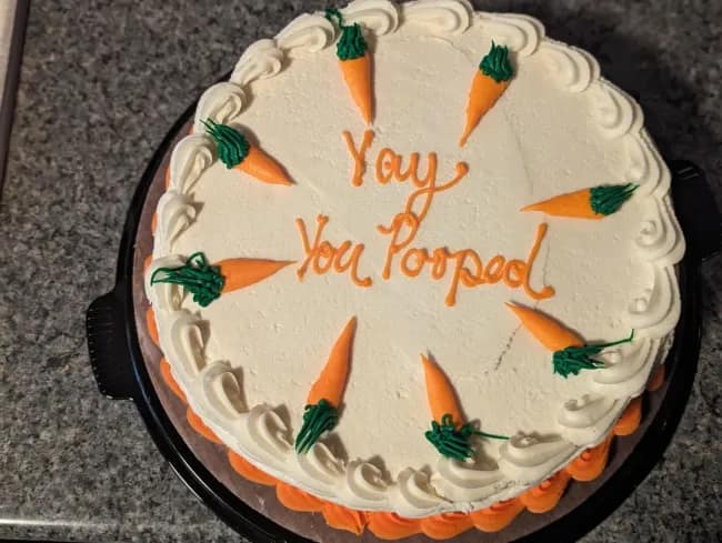 A funny cake in the style of a carrot cake that says "Yay You Pooped."