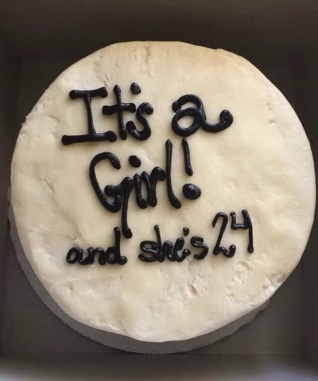 A funny cake for a 24-year-old woman's birthday, designed like a gender reveal cake.