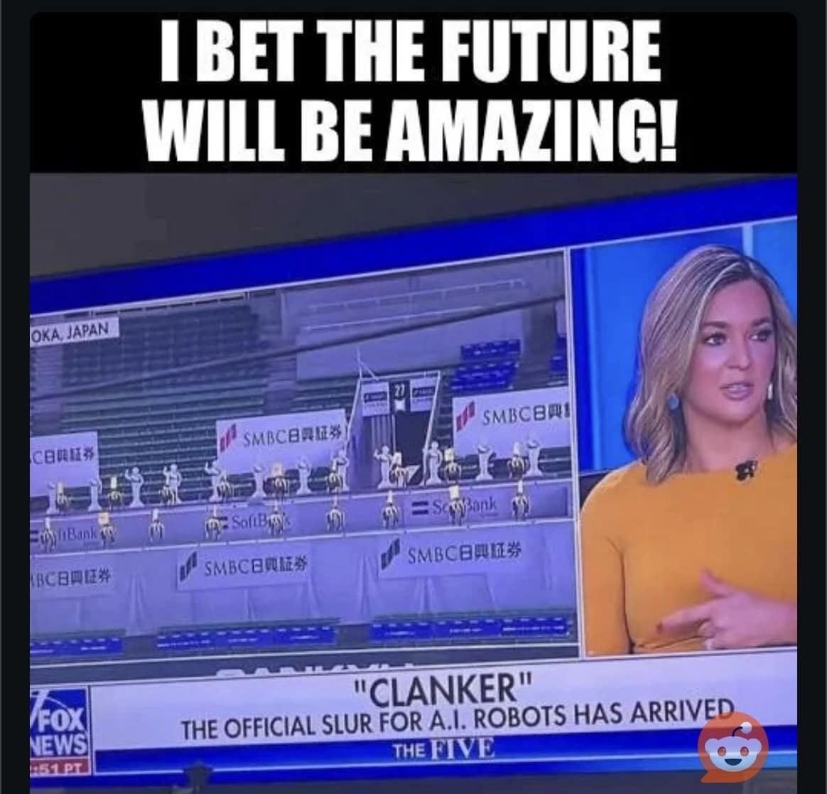 Funny meme showing a news report that "clanker" is the official slur for A.I. robots.