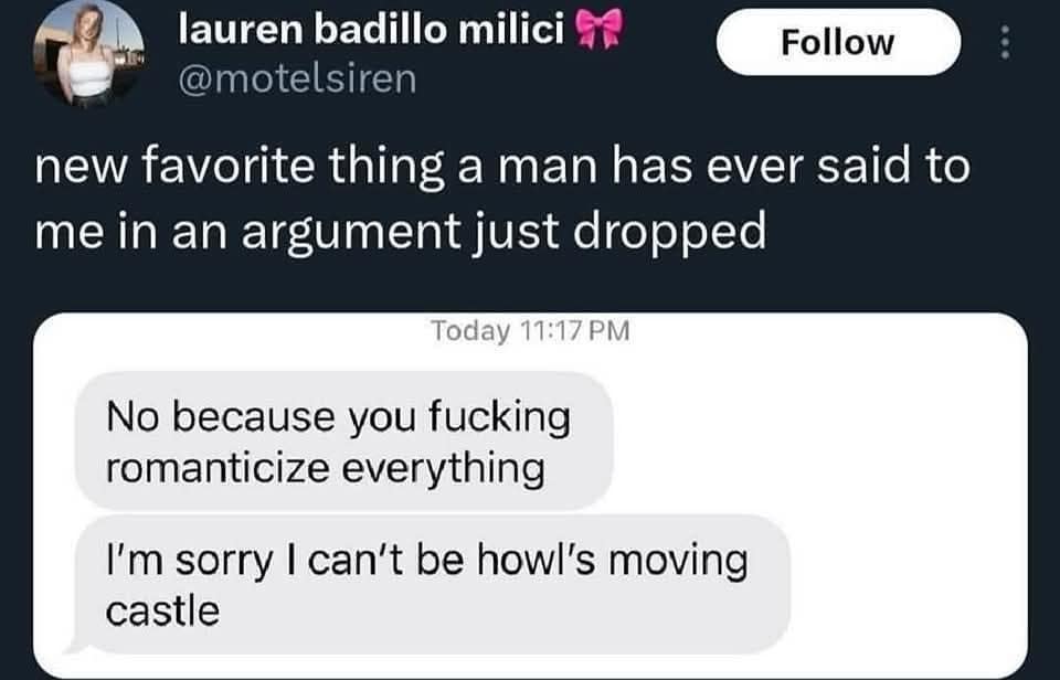 A funny meme of a text where someone apologizes for not being "Howl's Moving Castle" in an argument.