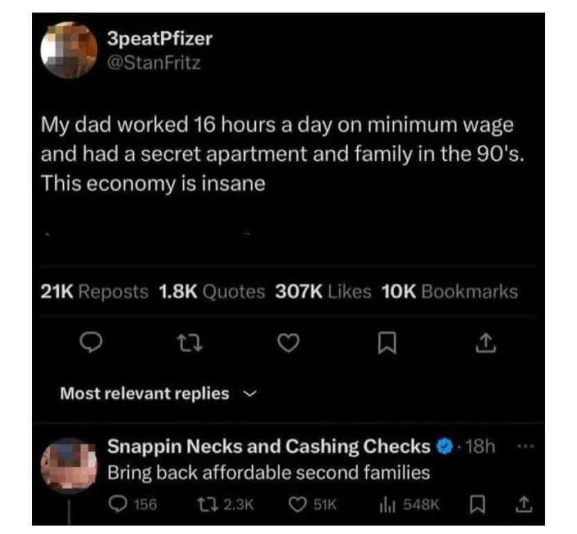 A funny meme about the economy featuring a wild tweet about affording a second family.