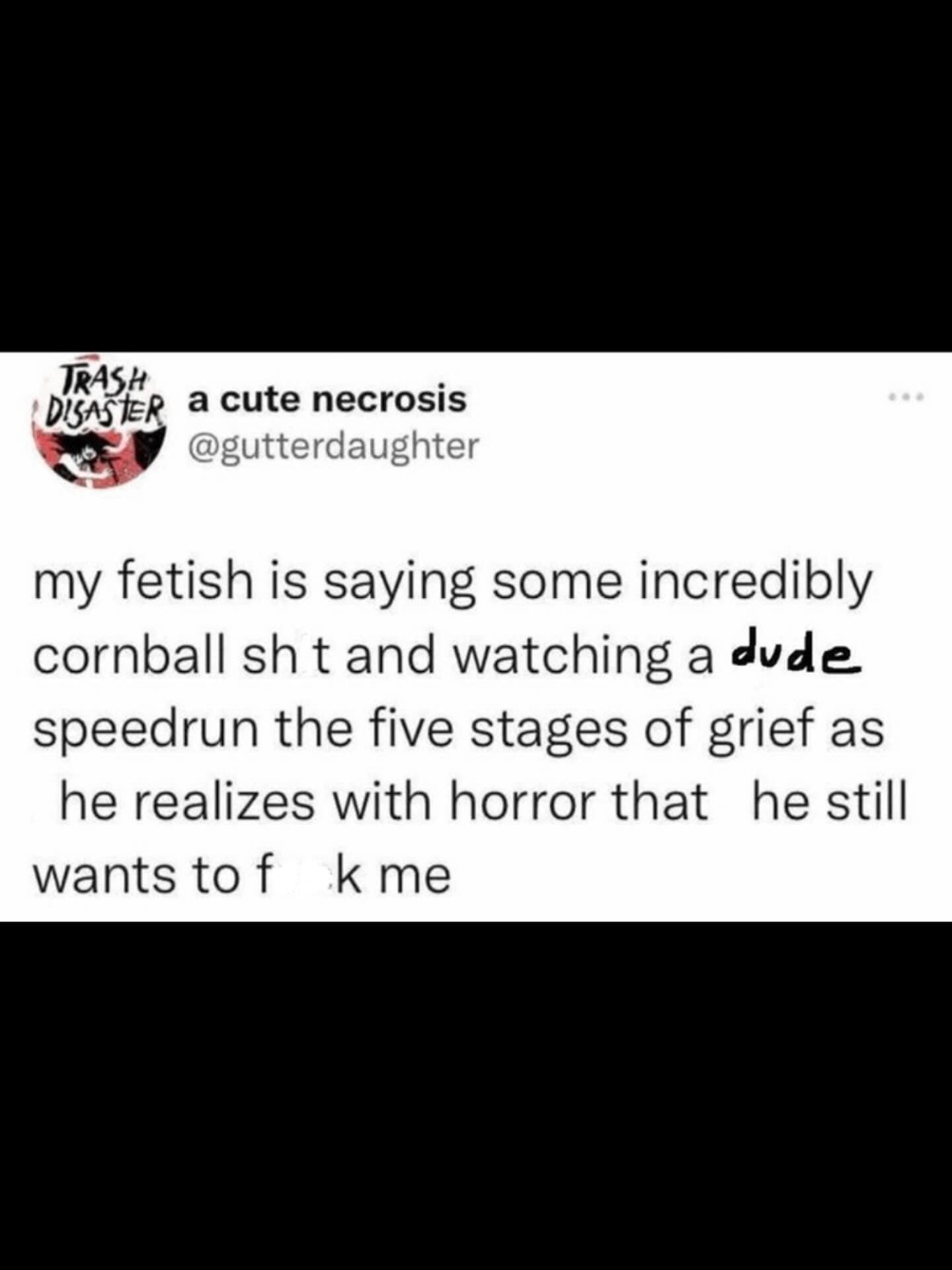 A funny meme from a tweet describing a very specific and chaotic dating fetish.