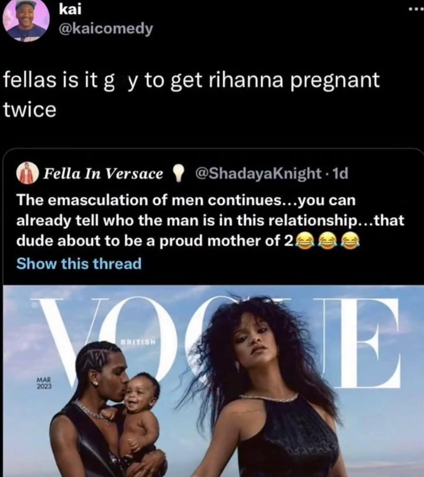 A hilarious tweet questioning if getting Rihanna pregnant is "gay," mocking a user's criticism of AAPRocky.∗∗Description:∗∗
