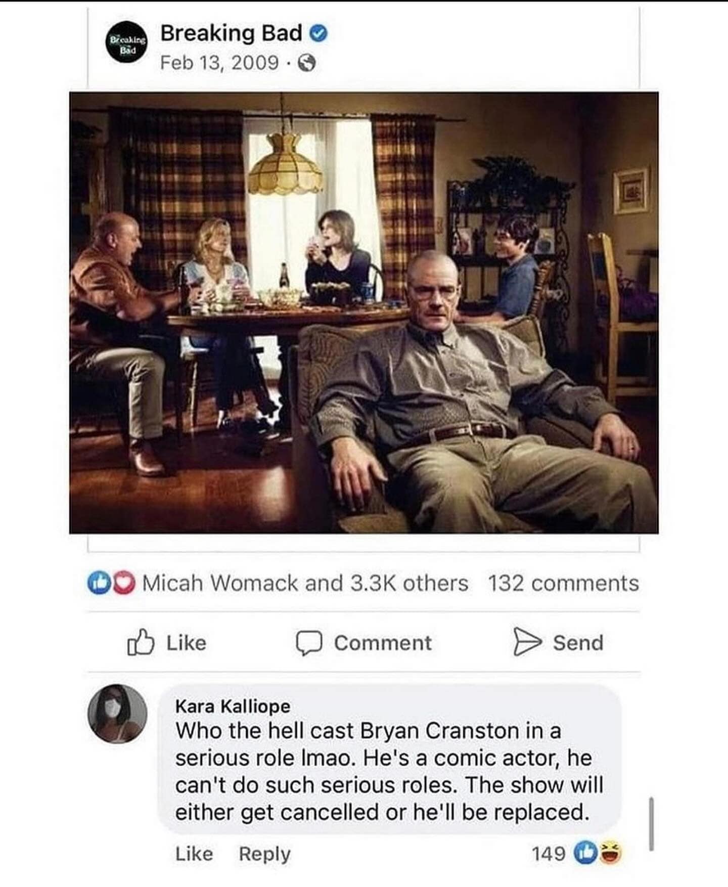 Screenshot of a 2009 Breaking Bad post with a comment doubting Bryan Cranston’s ability to play a serious role.
