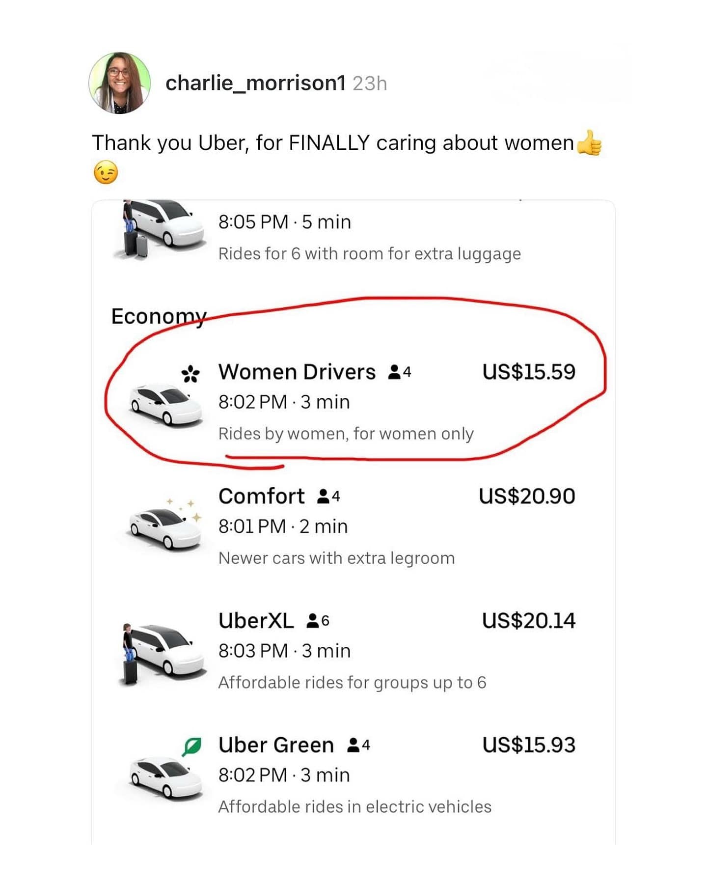A funny meme of an Uber app screenshot showing a new "women drivers" ride option.