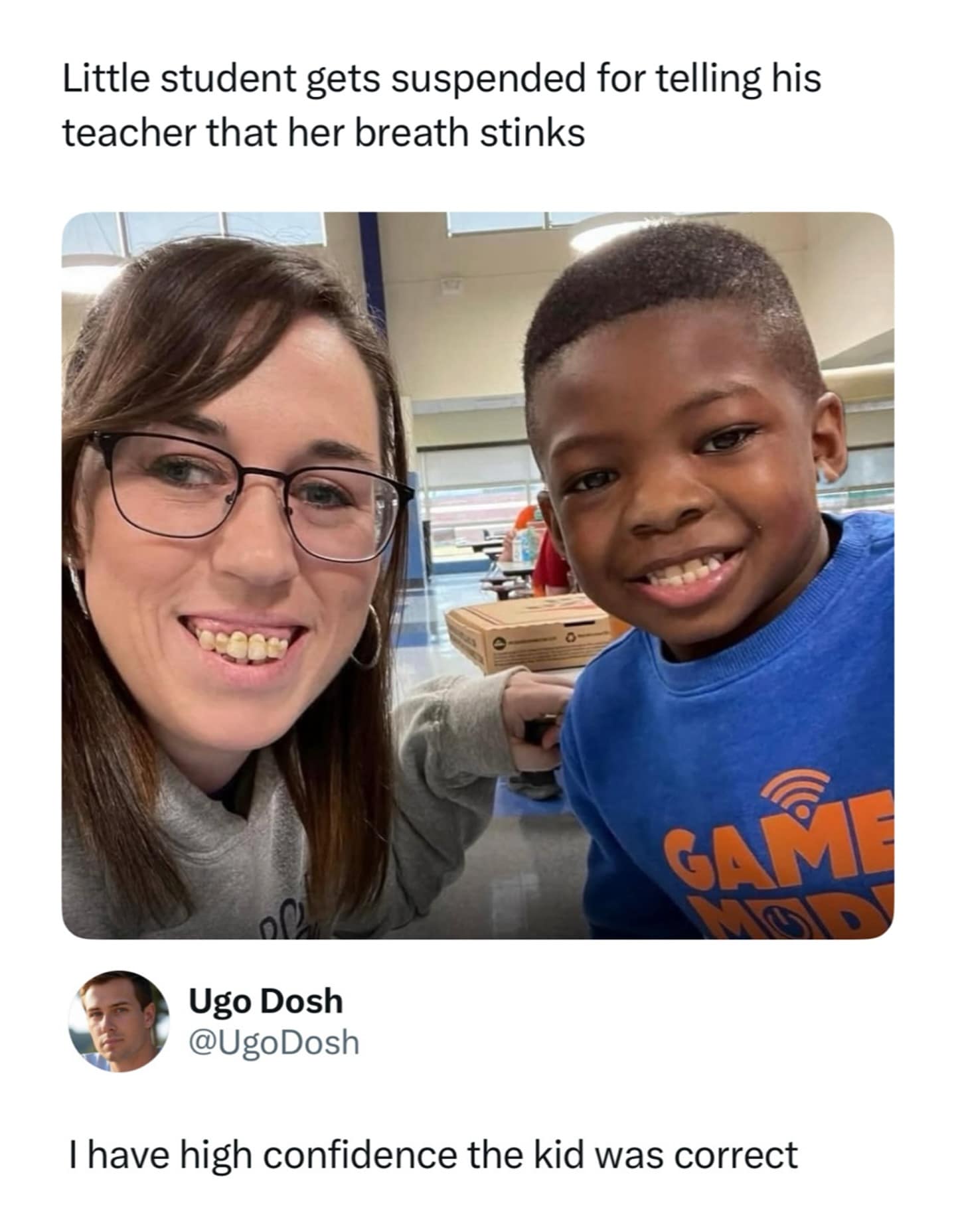 A funny meme about a student suspended for saying his teacher's breath stinks, with a hilarious comment.